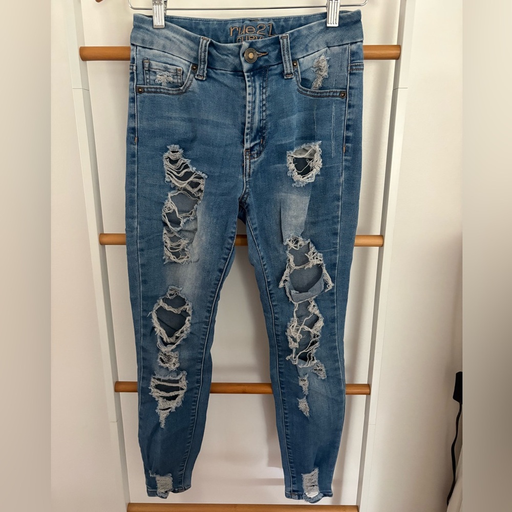 Rue21 Curvy High Rise Ankle Distressed Blue Jean Jeggings for Women